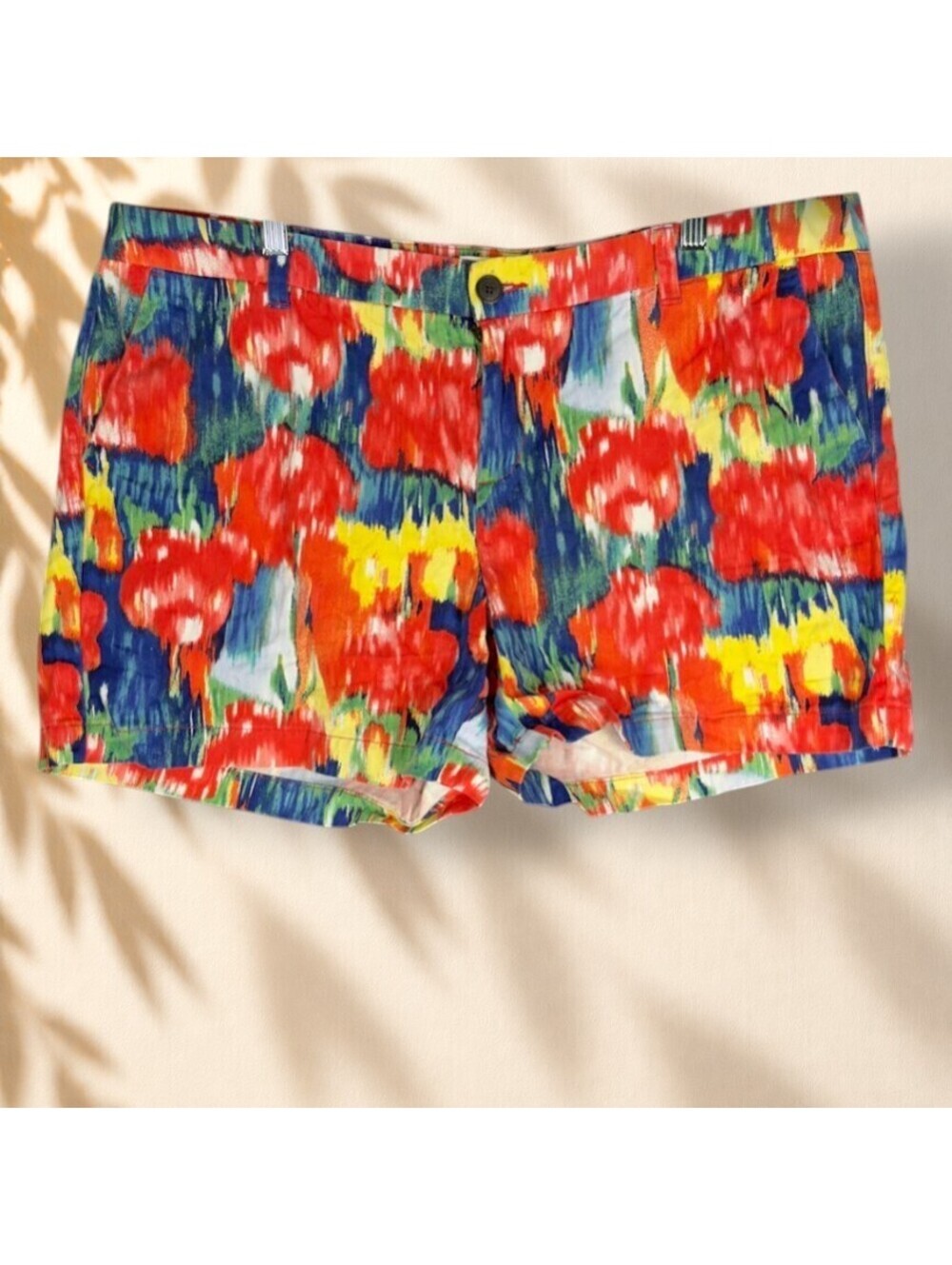 Merona Shorts Women 16 Blue Floral Mid Rise Chino Pockets Cotton Casual Stretch